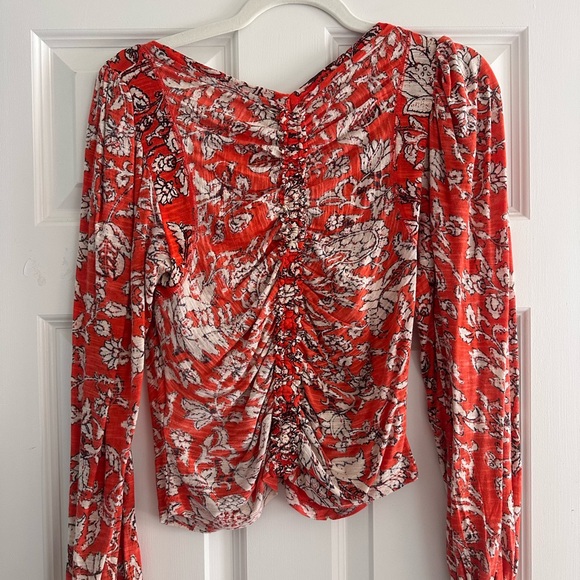 Free People Say The Word Floral Ruched Long Sleeve Cropped Red Top - Picture 6 of 6